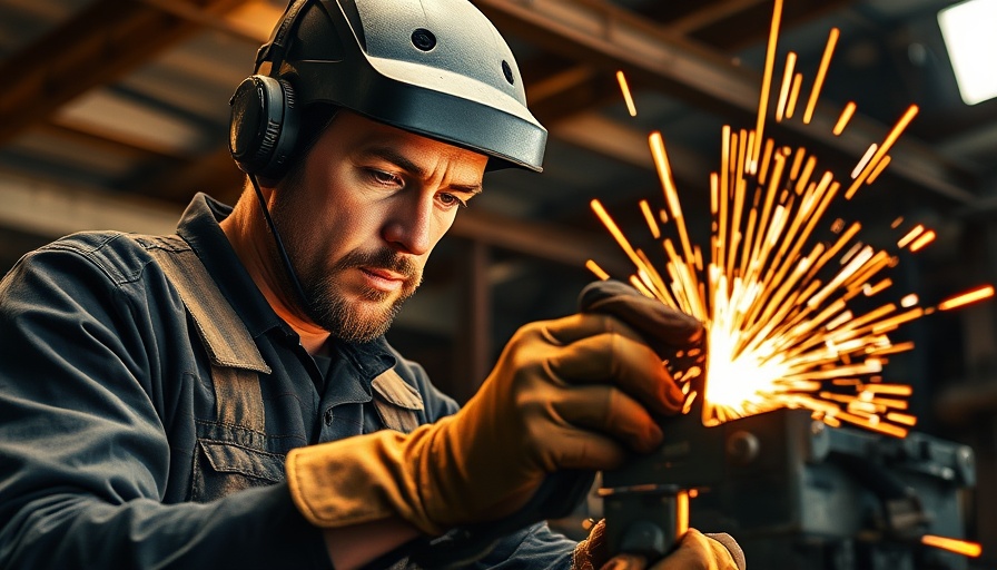 Metalworker using plasma cutter with sparks highlighting sustainable metalworking practices.