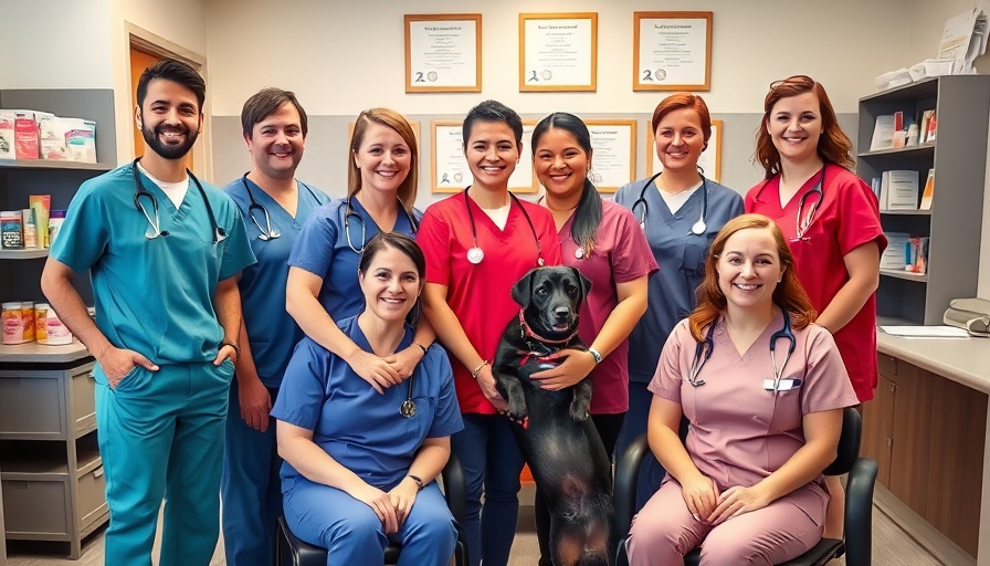Pet vaccination clinic staff smiling in a friendly setting.