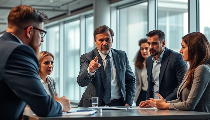 Tense office with assertive manager pointing at team around table.