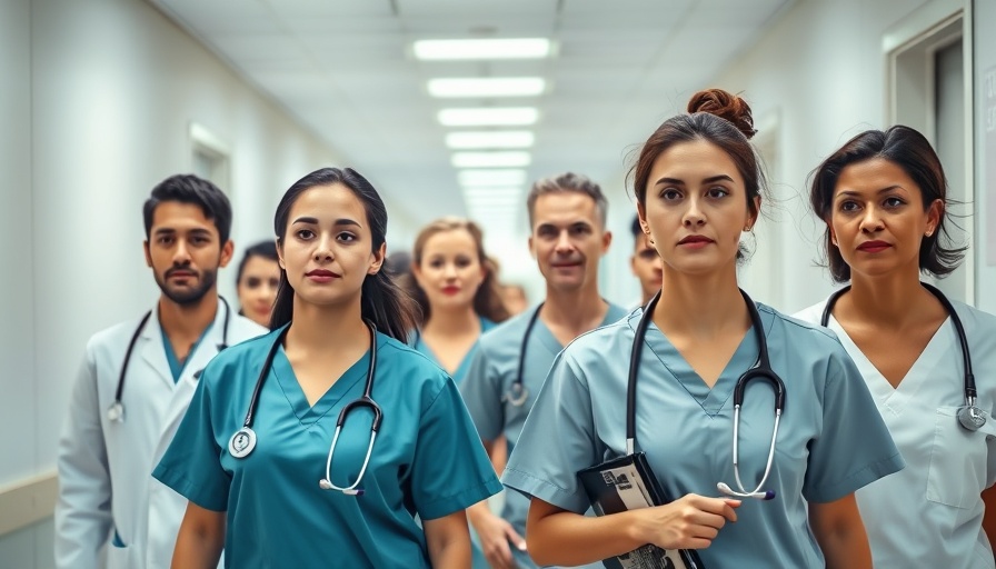 Healthcare workers moving with urgency in hospital, highlighting mental health burdens.