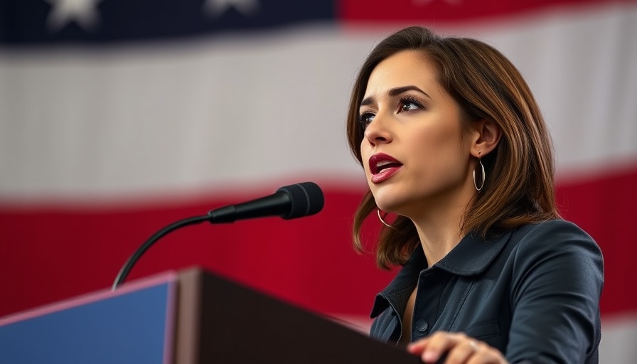 Determined young woman speaking with passion, American flag background.