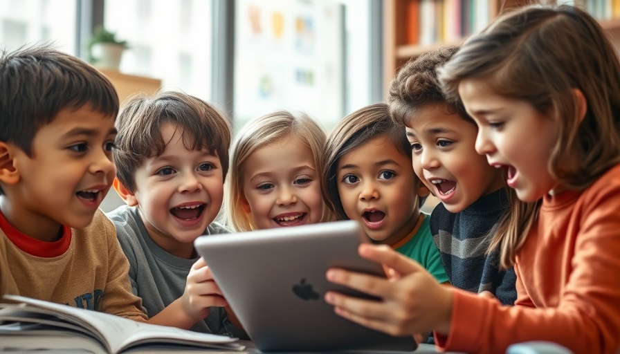 Children amazed by tablet, highlighting two-hour daily screen time limit.