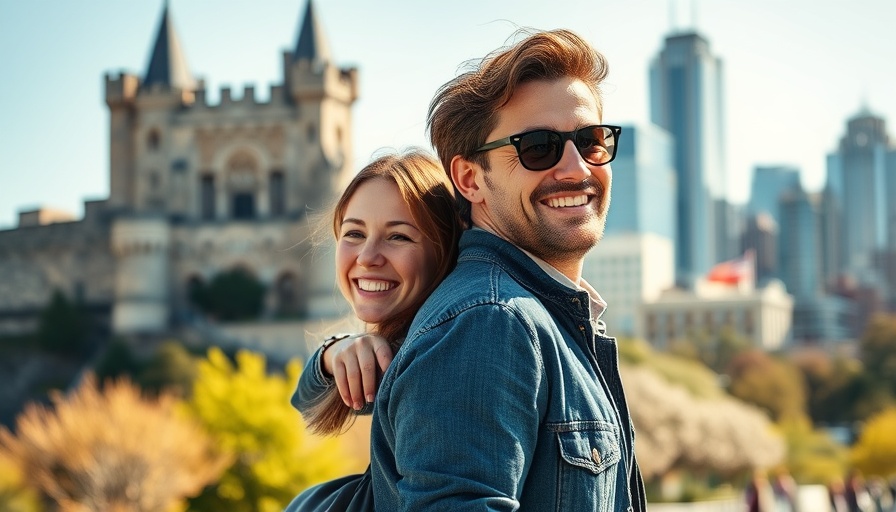 Smiling pair enjoying city with castle and skyscrapers in view.