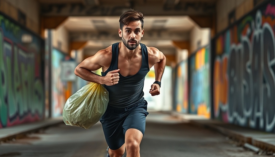 Runner reducing waste during races, urban graffiti setting.