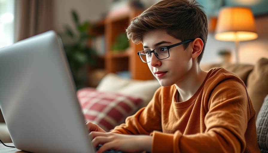 Young student learning online about internet safety in cozy room.