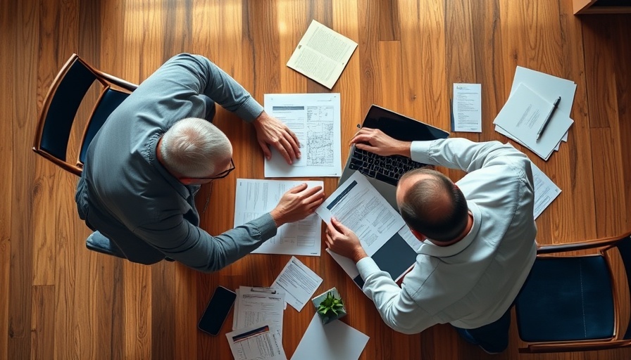 Men discussing plans for construction process notification.
