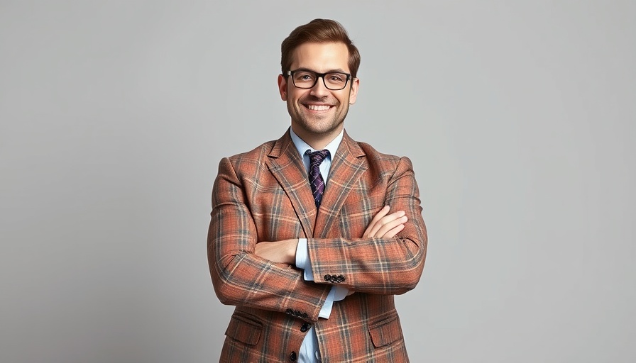 Confident man smiling in plaid suit, Mental Health in the Workplace.