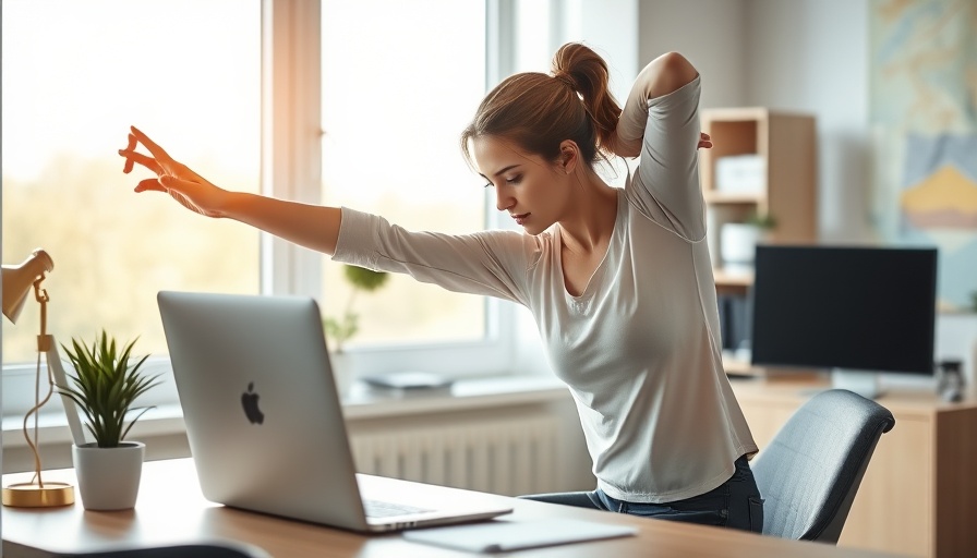 Woman stretching at desk to counter health risks of prolonged sitting.