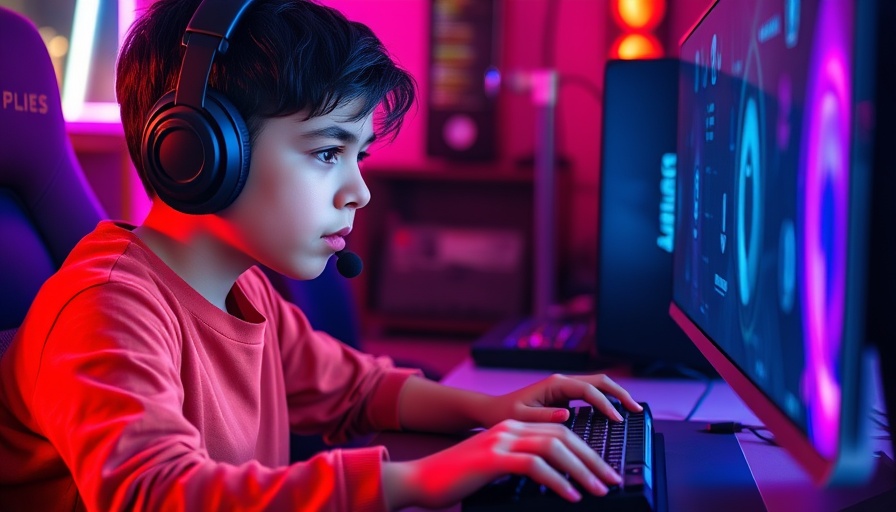 Boy wearing headphones gaming intensely, neon lights, gaming addiction.