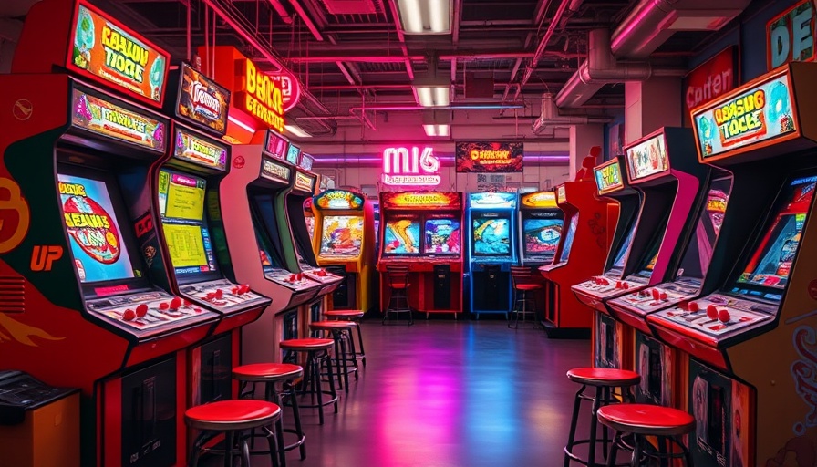 Classic arcade with colorful gaming machines, neon ambiance.