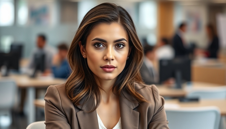 Confident woman in office suggests work-life balance tips.