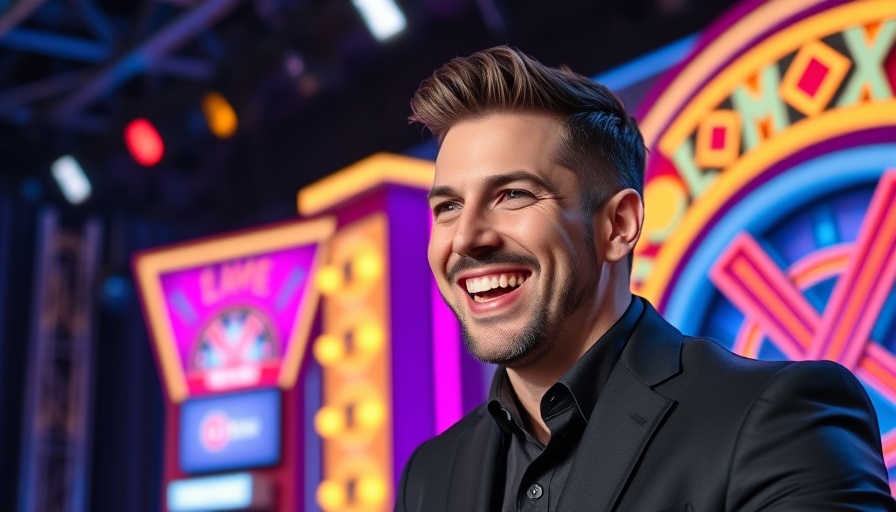 Charismatic TV host on vibrant game show set with neon designs.