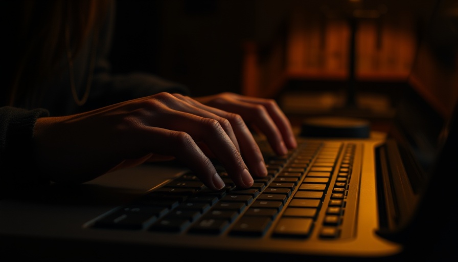 Hands typing on keyboard in dim light highlighting sextortion risks on social media.