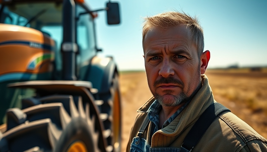 Concerned Ukrainian farmer with tractor in open field