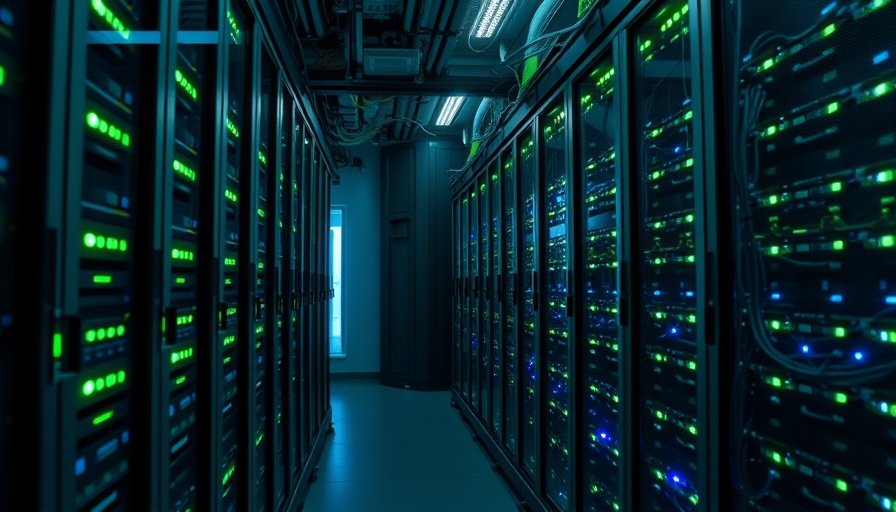Modern server racks with lights and cables in a data center.