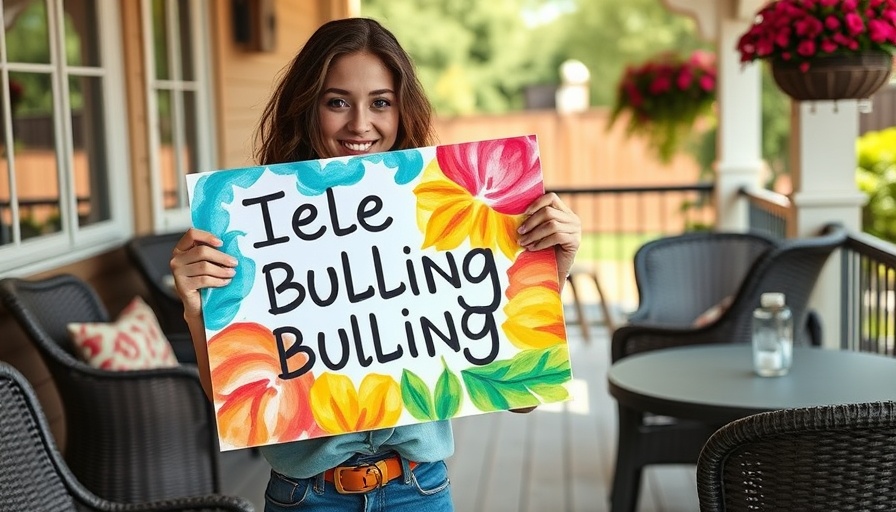 Young woman showcasing art for bullying awareness on a patio.