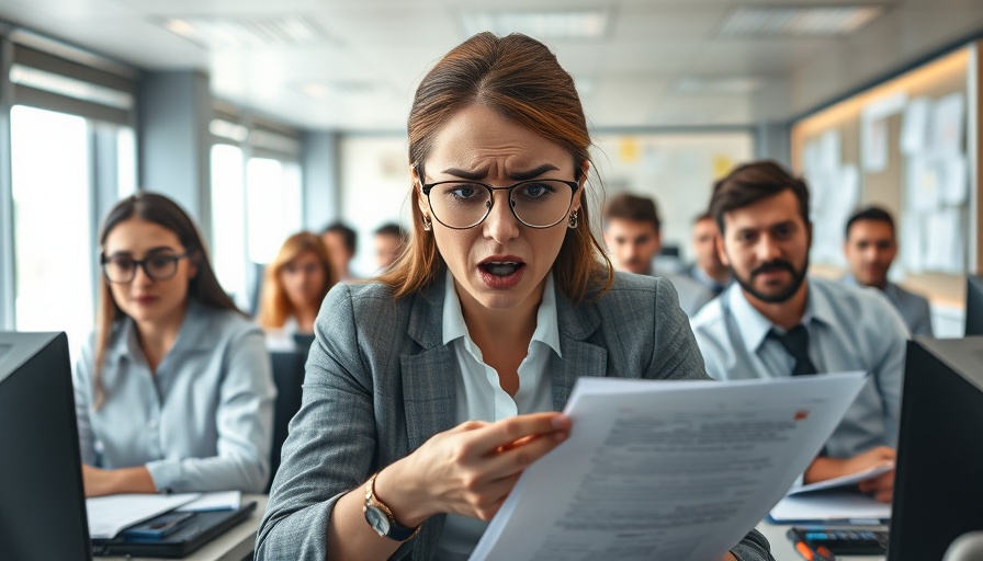 Signs of a toxic workplace with stressed businesswoman overwhelmed by coworkers.