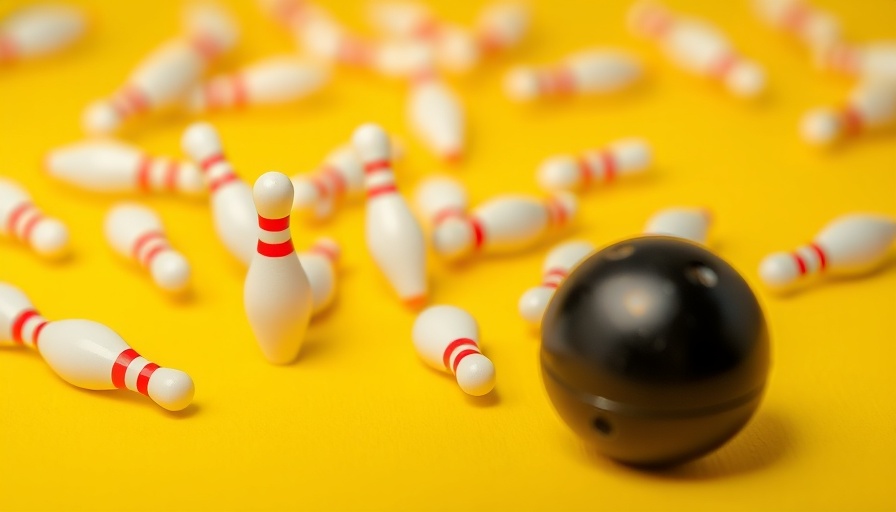 Mini bowling pins and ball on yellow background showing fun leisure time.