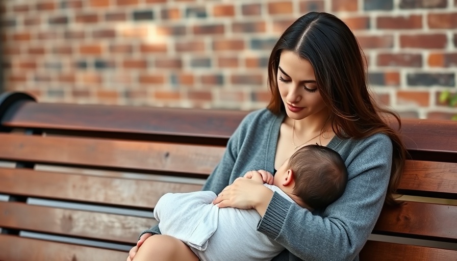 Young woman breastfeeding in public park against brick wall.