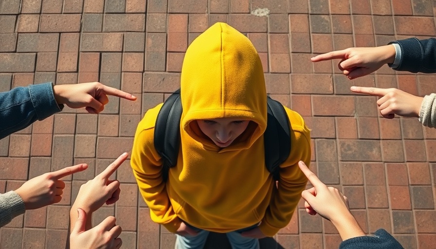 Child struggling with bullying surrounded by pointing fingers, talk to kids about shyness rejection and bullying.