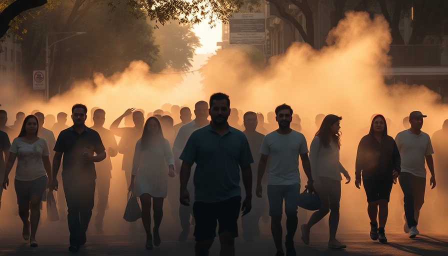 Silhouette of people walking in misty city street, sustainable future amidst polycrisis.