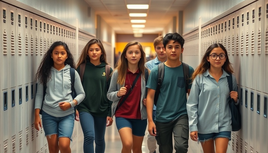 Students walking in middle school hallway with lockers.