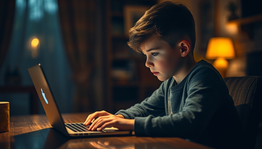 Child focused on screen time at laptop, dimly lit room.