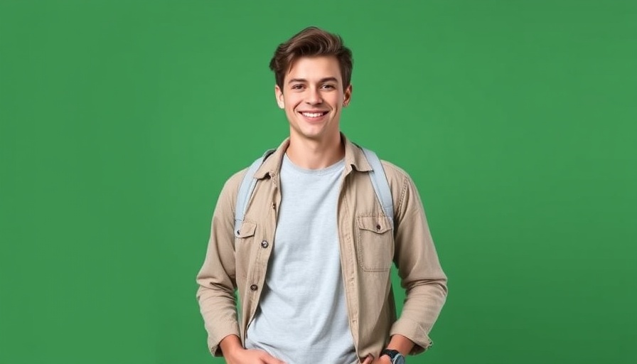 Young man smiling on a green background with text overlay about sustainable agricultural policy.
