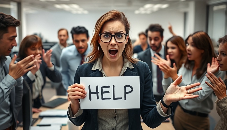 Distressed woman in a toxic workplace holding a help sign.