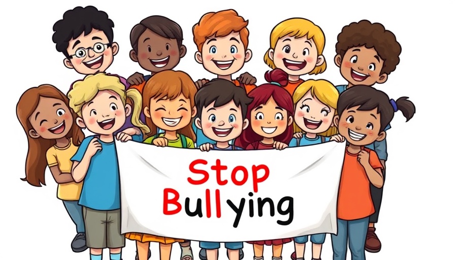 Diverse children holding 'Stop Bullying' banner, cartoon style.