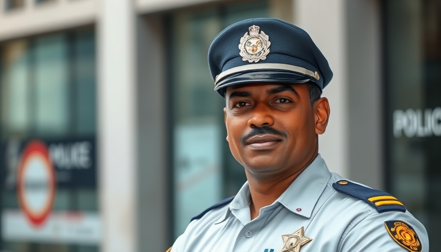 Police officer promoting online safety tips for kids and parents outside building.
