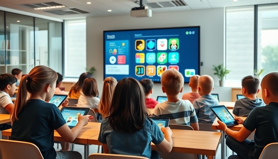 Children using education apps on tablets in a modern classroom.
