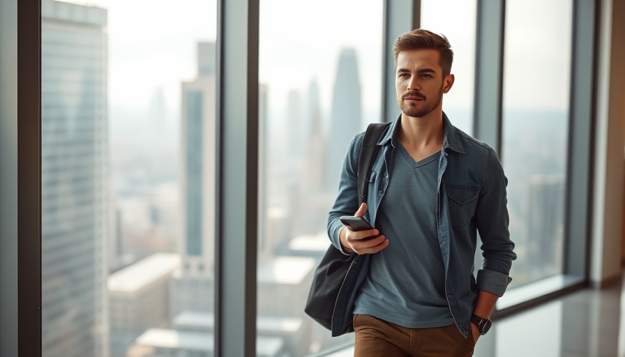Gen Z employee leaving office with phone in hand, showcasing workplace balance.