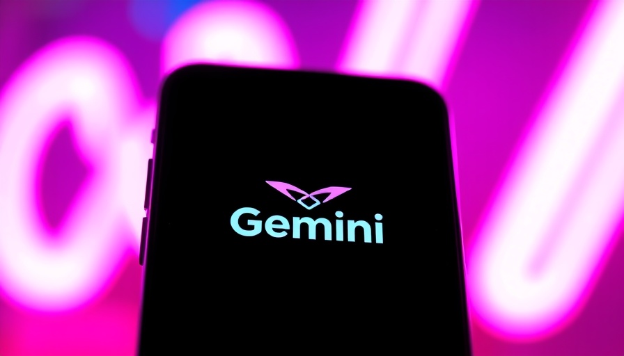 Smartphone with Gemini app logo, vibrant neon background.