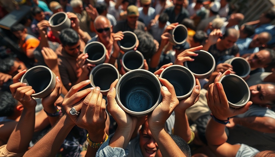Overhead shot of people with empty pots amidst Gaza mass starvation crisis.