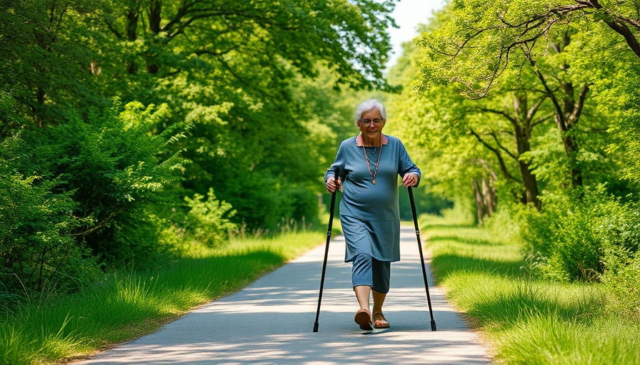 Elderly woman walking with canes on a nature path, representing independence in aging.