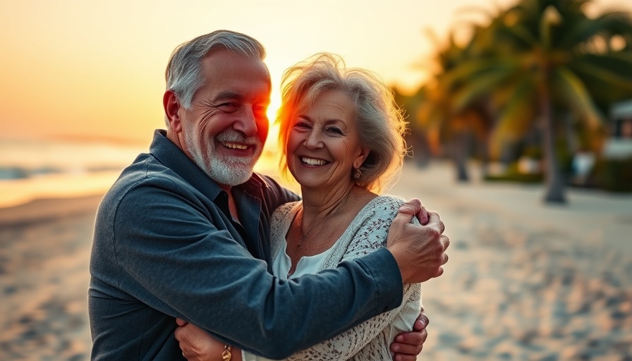 Older couple smiling warmly at the beach