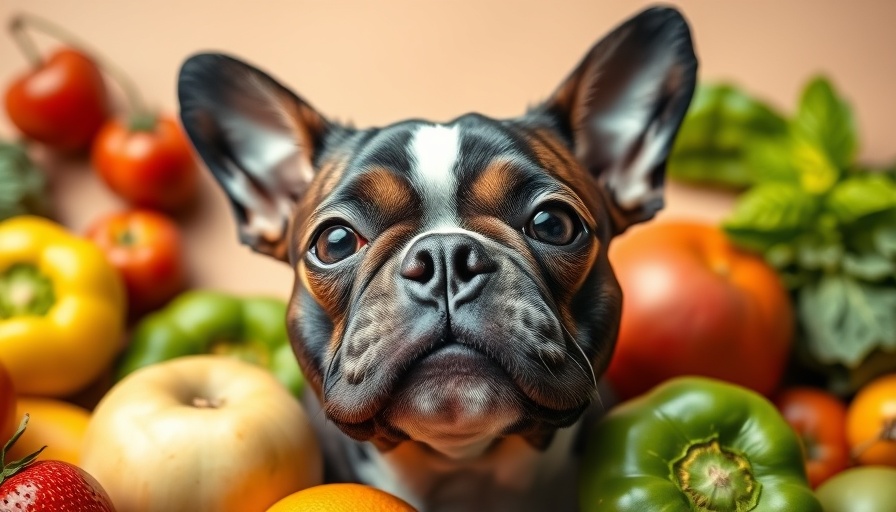 Curious Boston terrier with vegan diet vegetables and fruits.