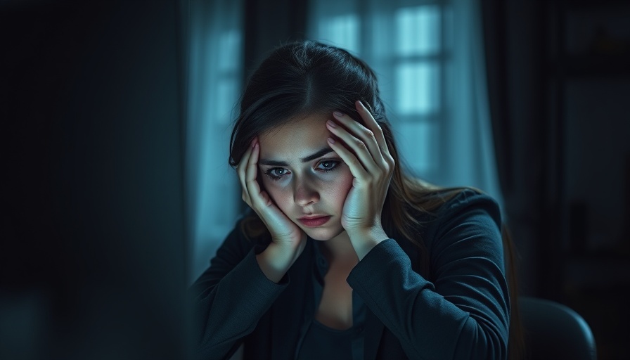 Stressed young woman facing cyberbullying, dim room, photorealistic.