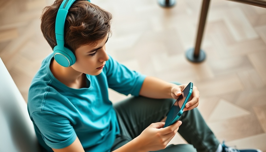 Student with headphones focused on smartphone, managing kids' device use.