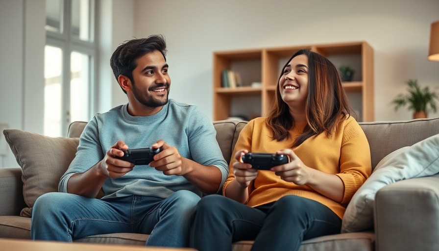 Two friends playing a video game on a couch in a cozy living room.