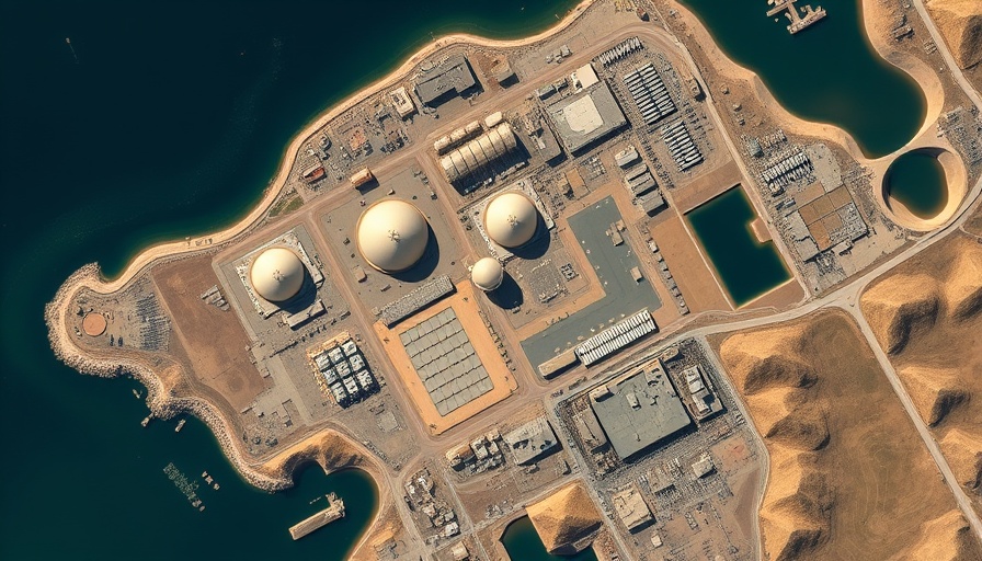 Aerial view of a nuclear facility in Iran, coastal landscape.