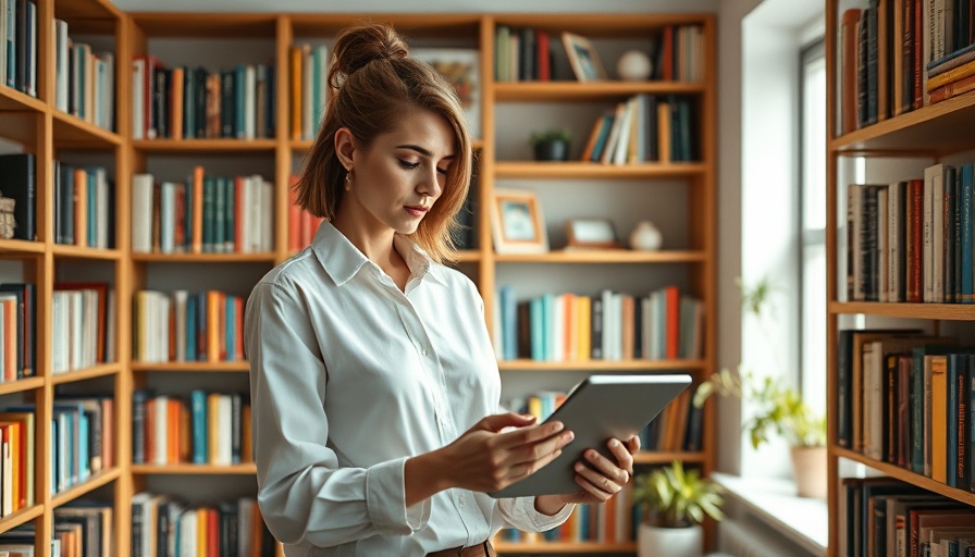 Focused woman reading E-Books on AI and Automation in Business in a library.