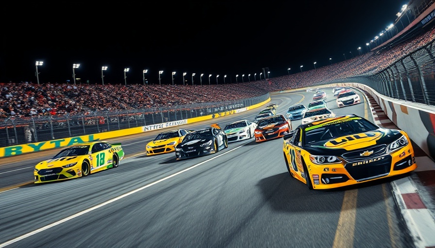 NASCAR cars racing under lights at Bristol in vibrant colors.