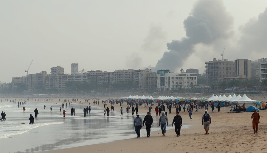 Crowded beach near damaged city buildings, smoke rising, Israel’s Financial Stranglehold on Palestinian Land