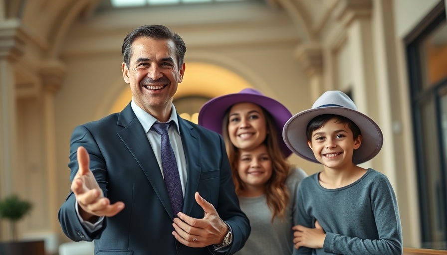 Man gestures forward with woman and children, indoors.