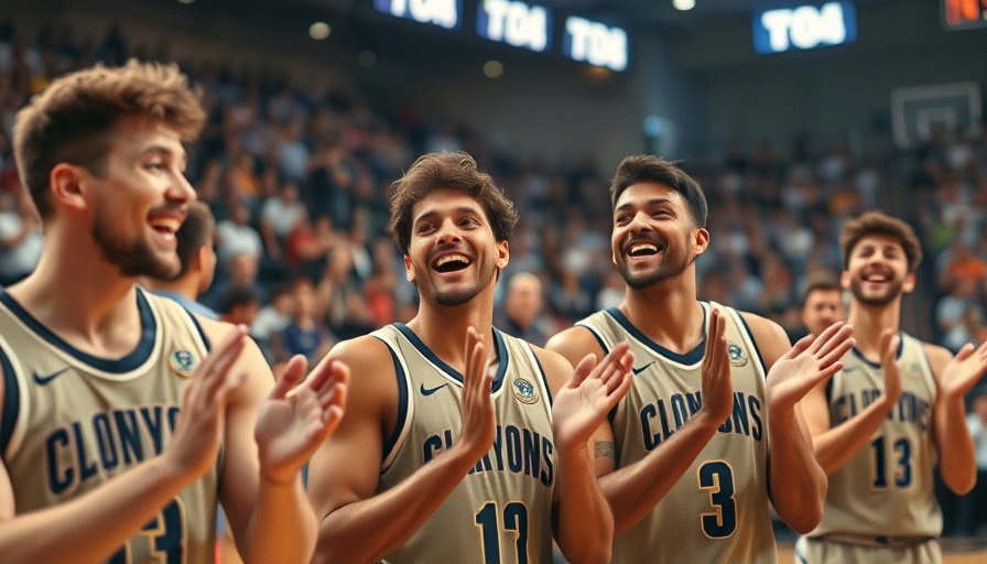 Basketball players celebrating in England, promoting recreational basketball.