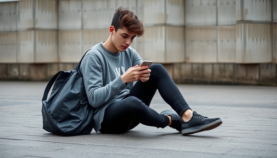 Young person absorbed in smartphone on city sidewalk, quiet cracking.