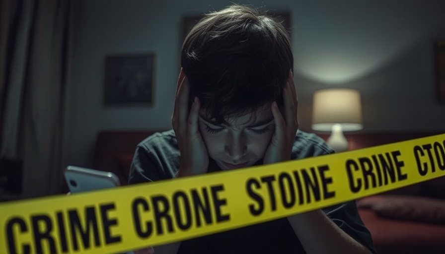 Gaming addiction impact: distressed boy with smartphone, warning tape.