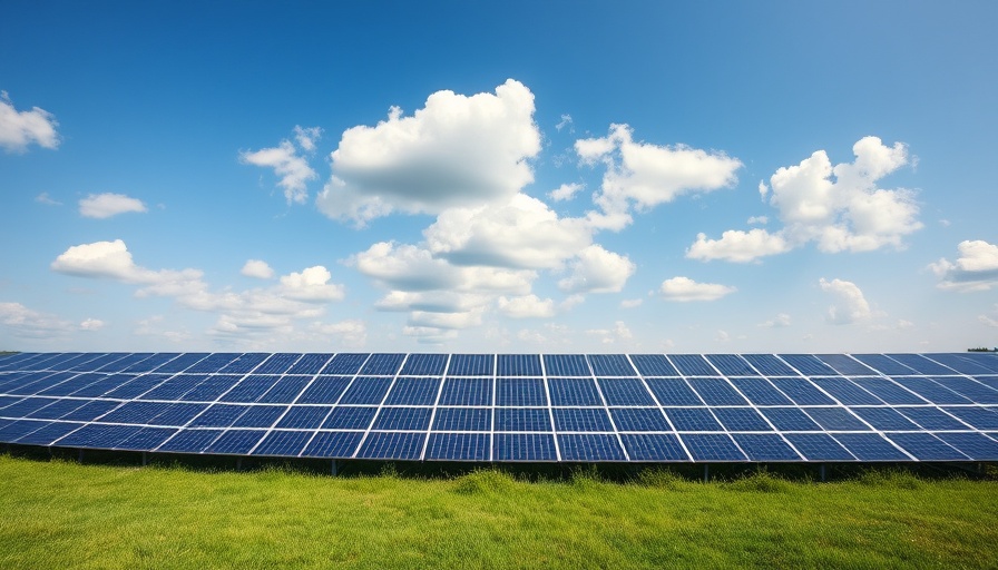 Photovoltaic solar panels in a field under a blue sky.